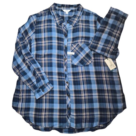 Terra & Sky Tops - Terra & Sky Women's Button Down Shirt Plaid Long Sleeve Size 1X, 3X Blue Comet